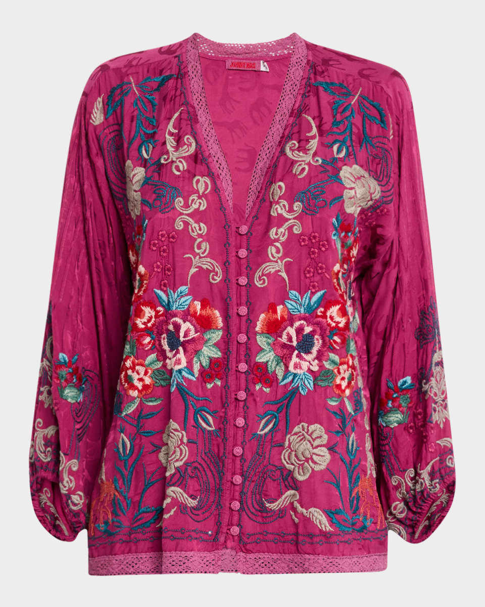 Charis Velouette Embroidered Lace-Trim Blous